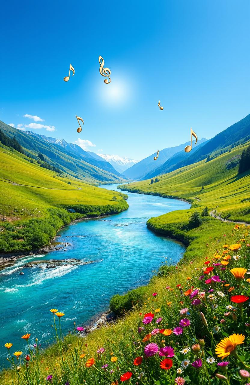 A serene landscape depicting a winding river flowing through a lush green valley under a clear blue sky, symbolizing an unbroken melody