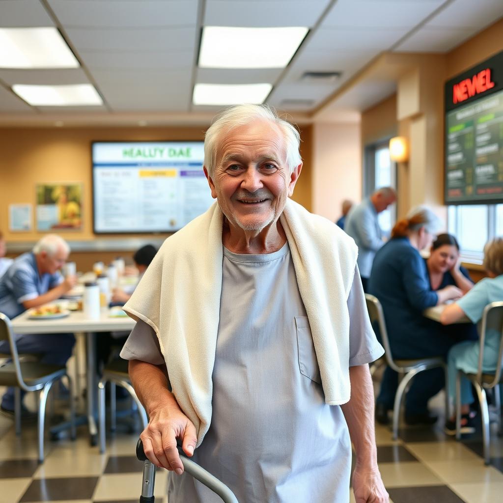 An elderly male patient with a kind smile is making his way to the hospital cafeteria