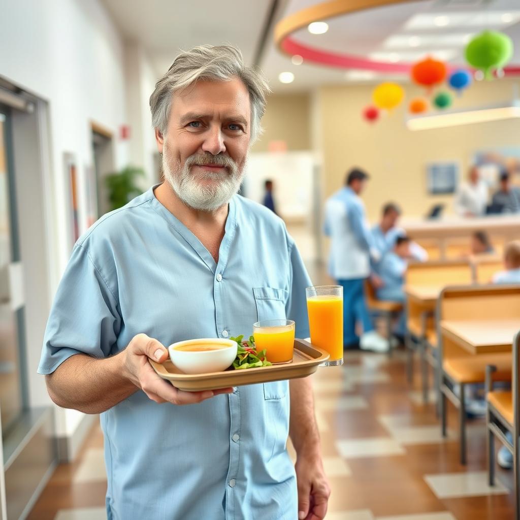 A male patient with a gentle expression is walking towards the hospital cafeteria, wearing a patient gown and slippers