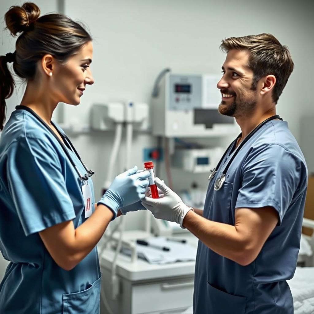 A female nurse is handing a blood sample tube to a male nurse in a clinical environment