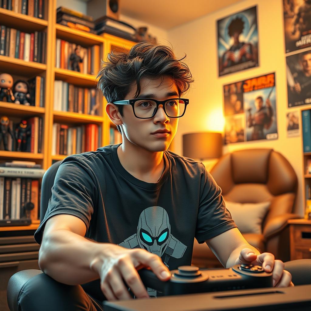 A charismatic young man named João, with thick glasses and tousled hair, dressed in a stylish graphic t-shirt featuring his favorite video game character