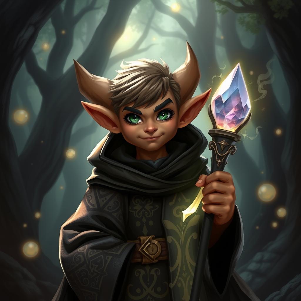 A brown-skinned halfling warlock with a mystical aura, wearing a dark, intricately designed robe adorned with arcane symbols
