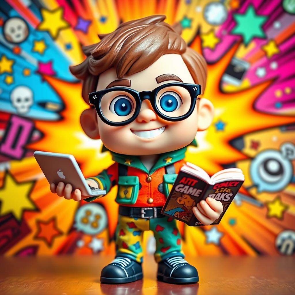 A cute and quirky nerdy action figure, designed with oversized glasses, a playful grin, and distinctive colorful attire