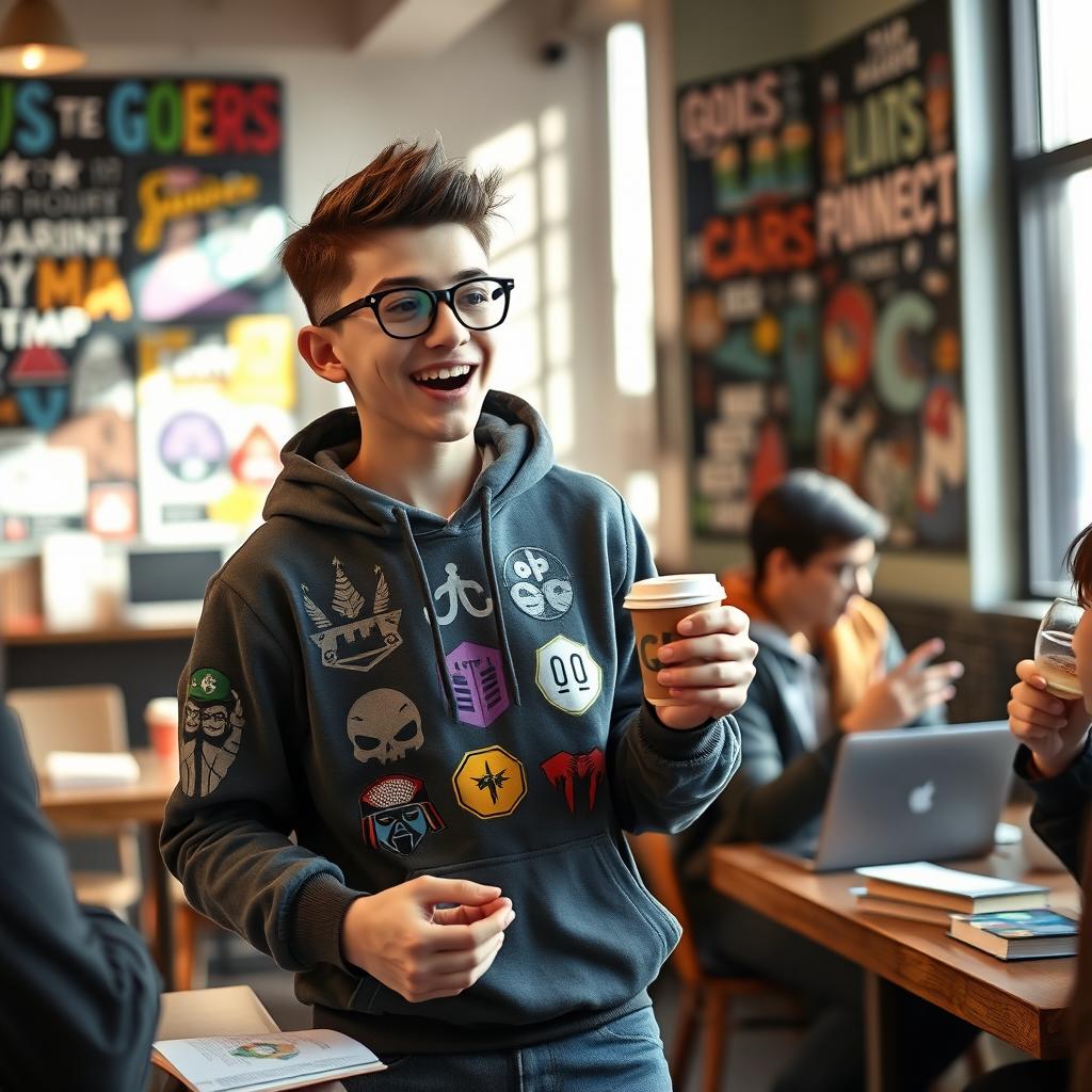 A young nerdy individual, embodying enthusiasm and curiosity, with stylish glasses and a trendy haircut