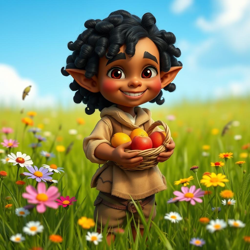 A halfling with rich brown skin and curly black hair, standing in a lush green meadow
