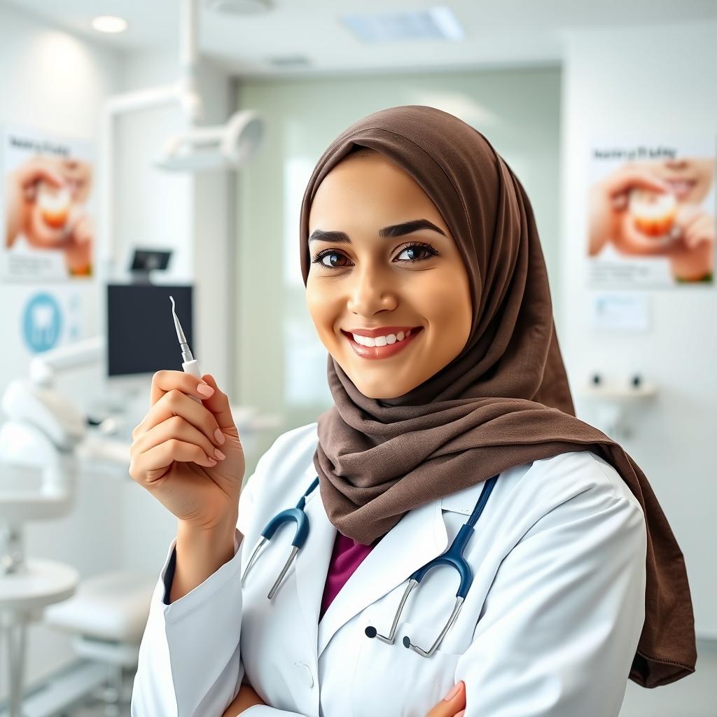 A female dentist wearing a hijab, with wheatish skin slightly leaning towards fair