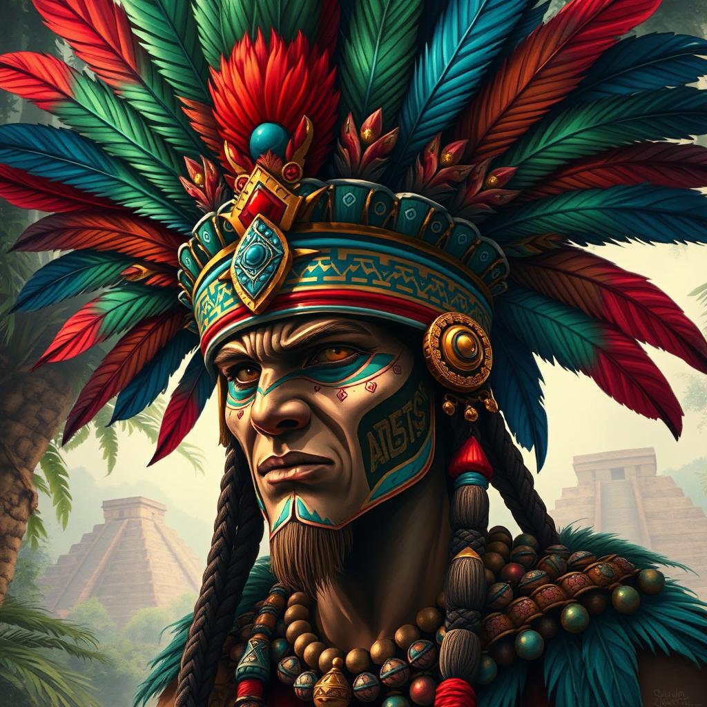 A detailed illustration of an Aztec warrior wearing an elaborate feather headdress