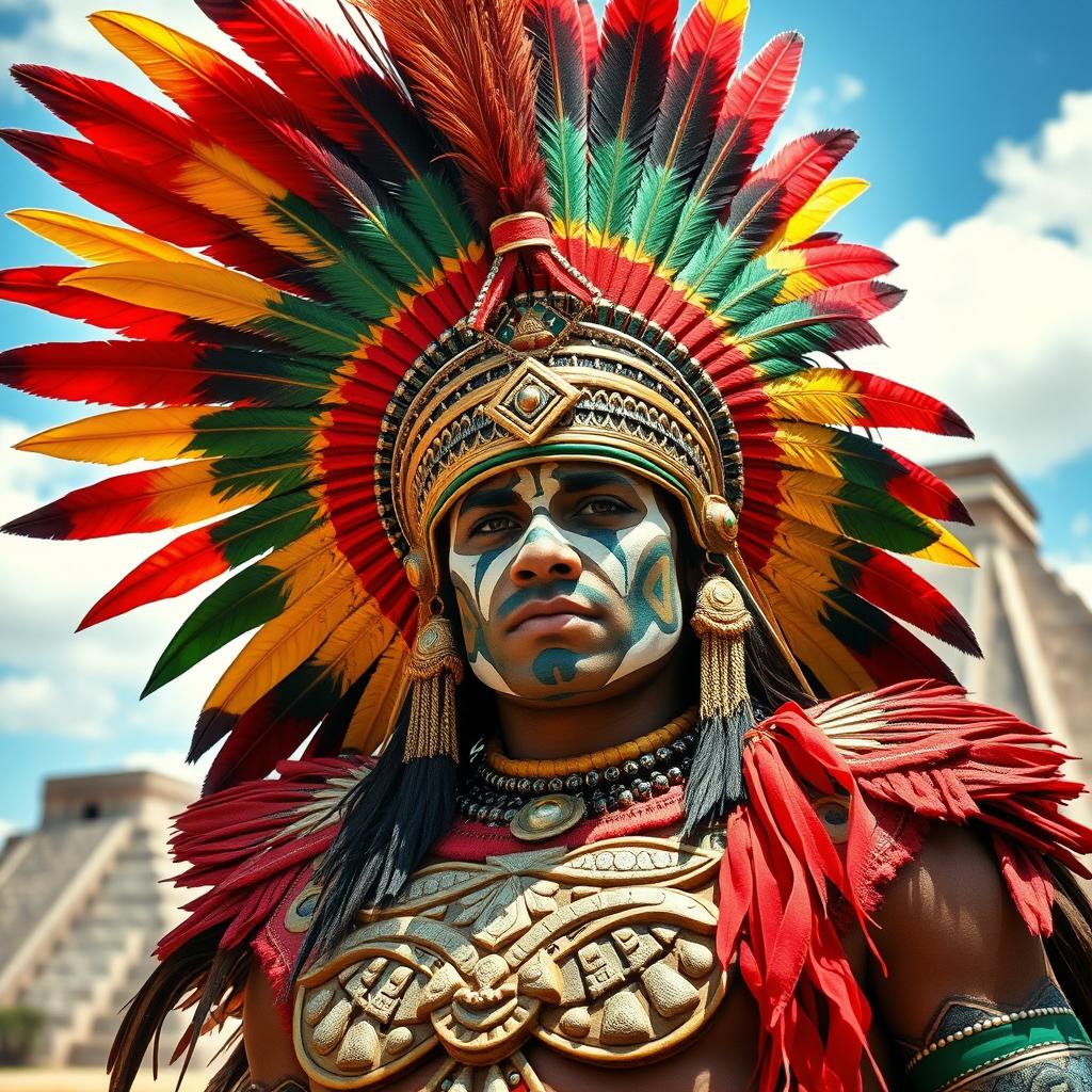 A striking Aztec warrior adorned with a traditional feathered headdress, featuring vibrant colors like red, green, and yellow