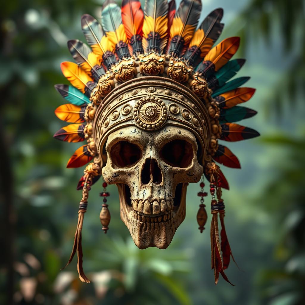 A stunning Aztec skull adorned with an elaborate feathered headdress