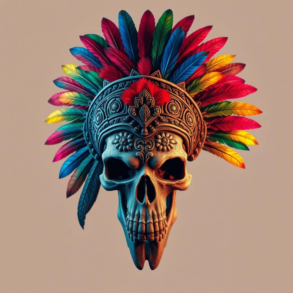 An intricate Aztec skull adorned with a vibrant feathered headdress
