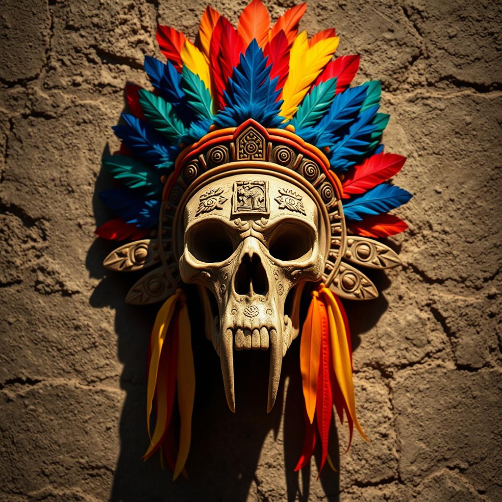 An intricate Aztec skull adorned with a vibrant feathered headdress