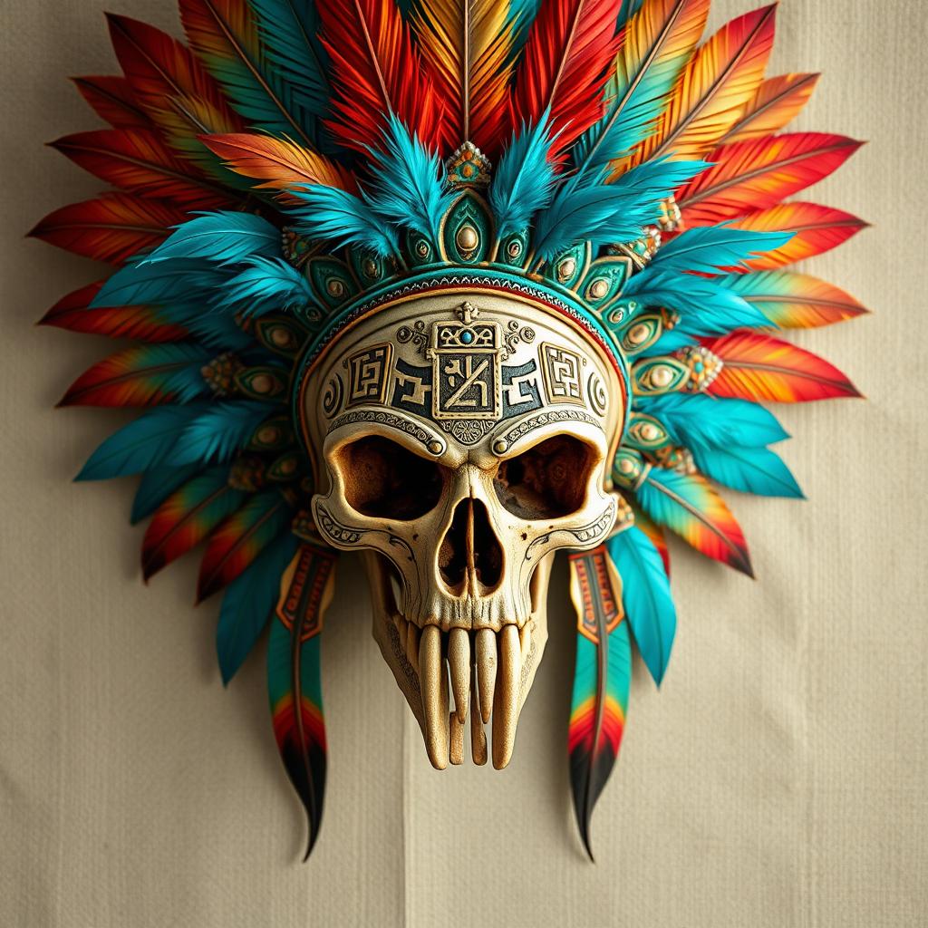 An intricately designed Aztec skull adorned with a vibrant and elaborate feather headdress, showcasing bright colors like turquoise, red, and gold