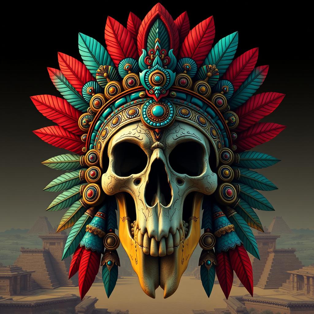 A highly detailed and intricate Aztec skull adorned with a traditional headdress