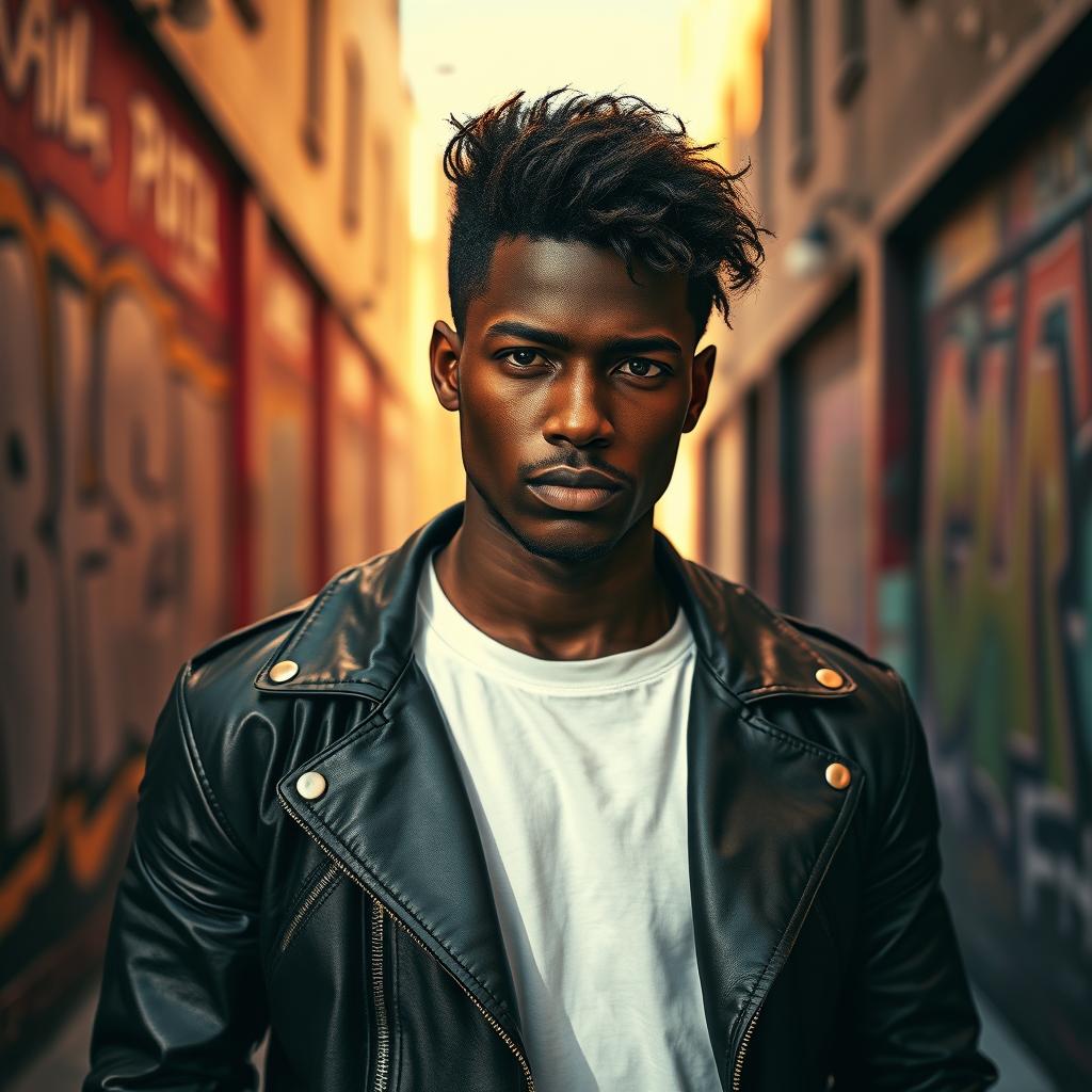 A striking portrait of a male character with medium length curly hair styled in an edgy manner