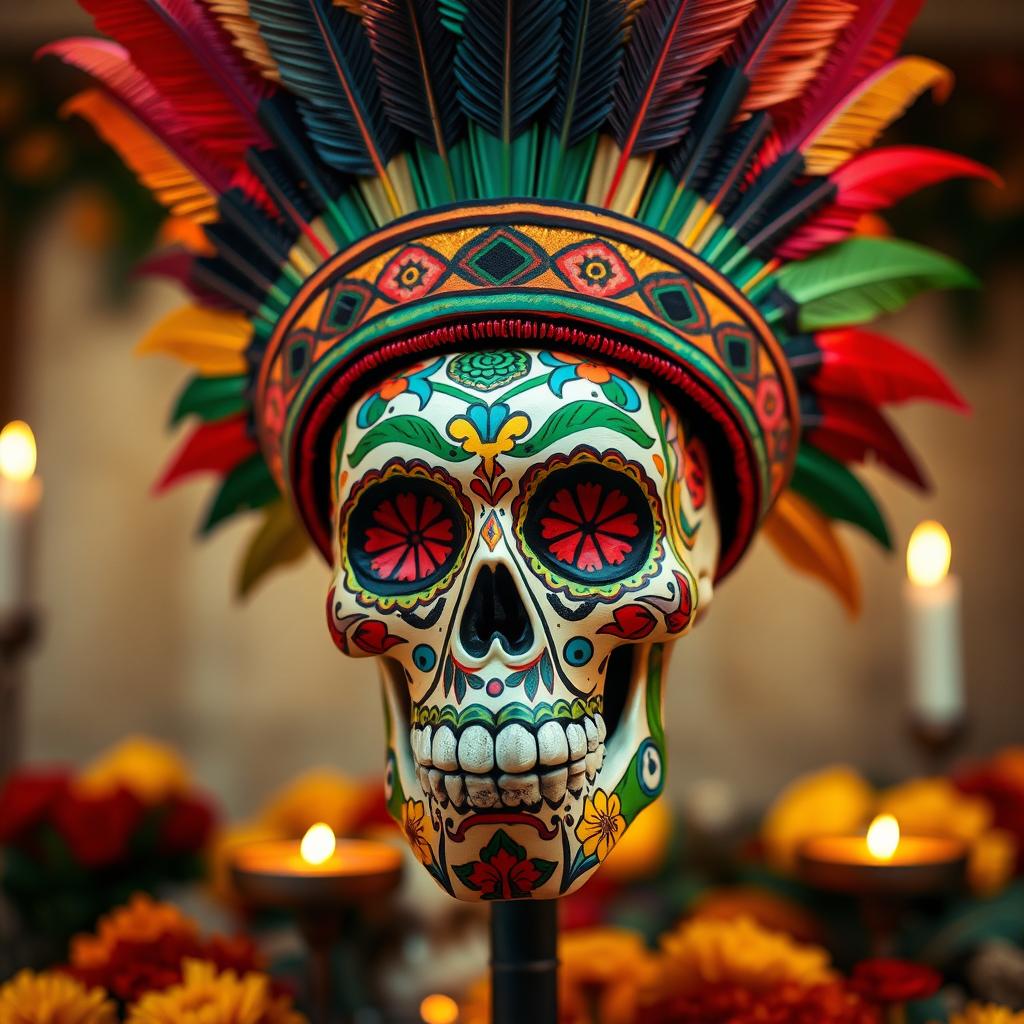 A beautifully decorated Day of the Dead skull adorned with an intricate Aztec headdress