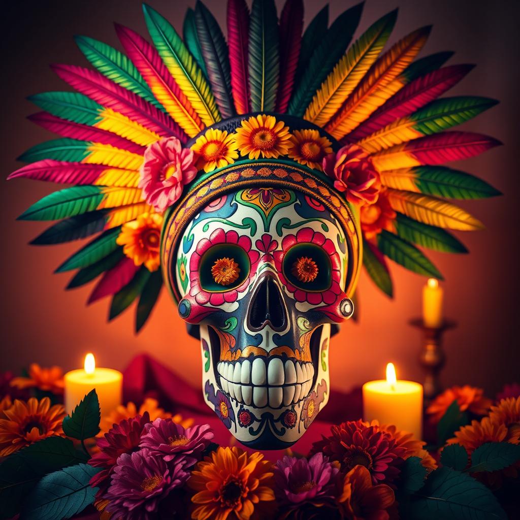 A beautifully decorated Day of the Dead skull adorned with an intricate Aztec headdress