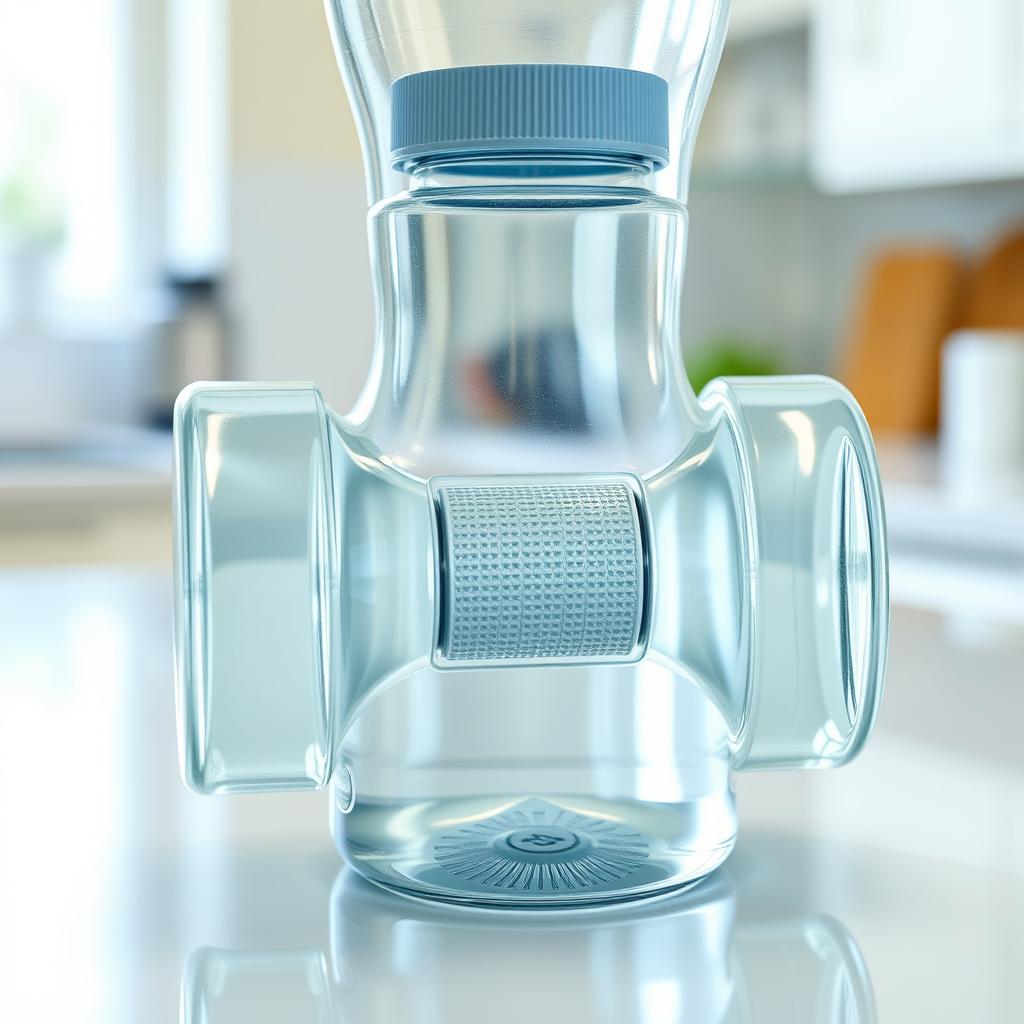 A clear plastic dumbbell-shaped water bottle, featuring a sleek and modern design