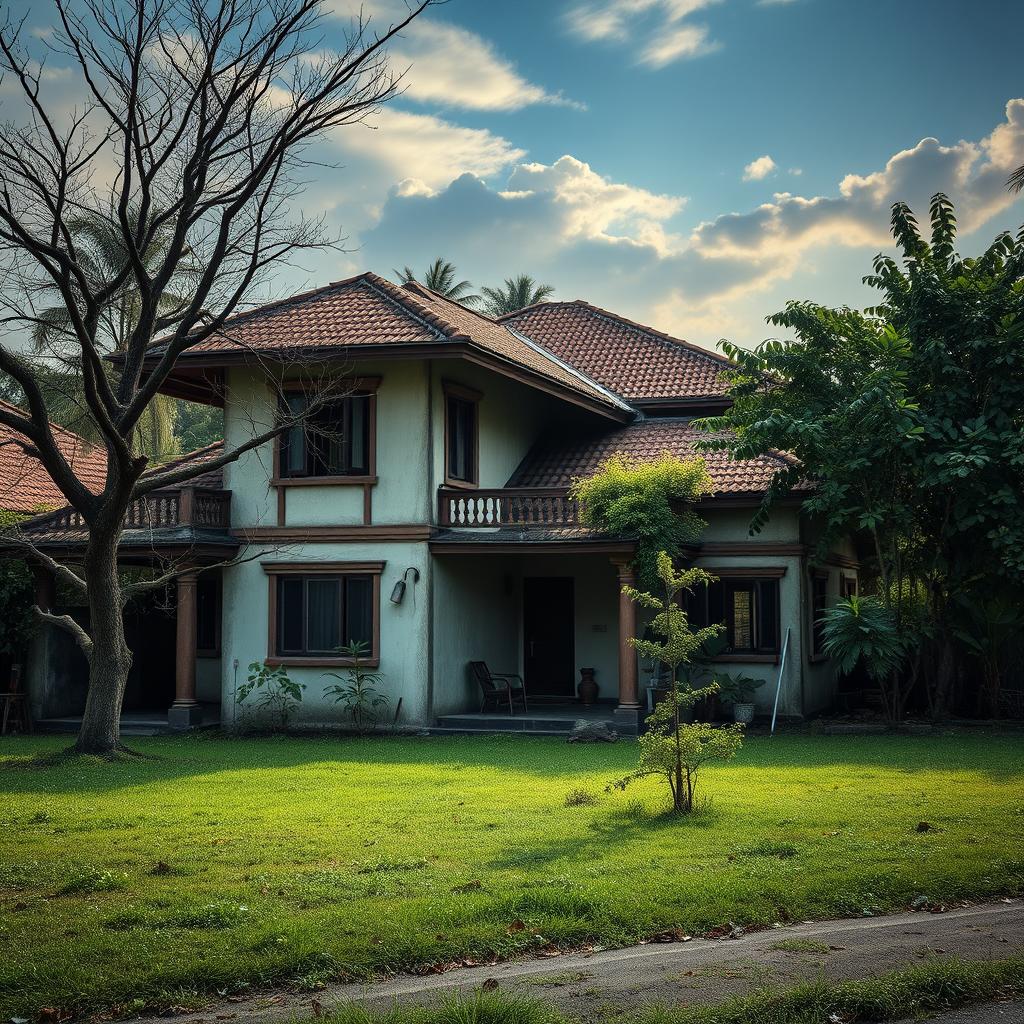 Gambar wallpaper yang menggambarkan sebuah rumah yang ditinggalkan di Jakarta, dengan suasana sunyi dan melankolis