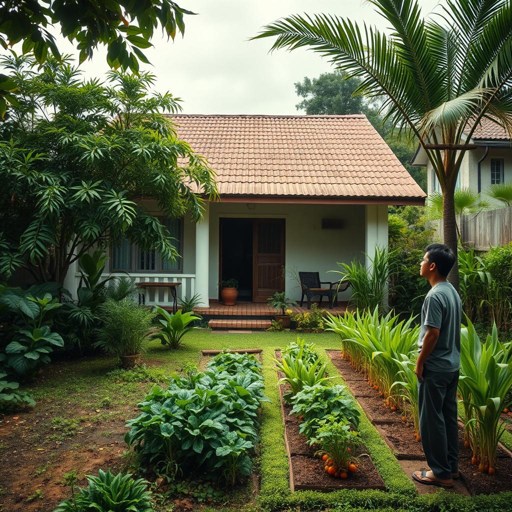 A captivating wallpaper featuring a house in Jakarta, with one of the occupants standing outside looking frightened and anxious