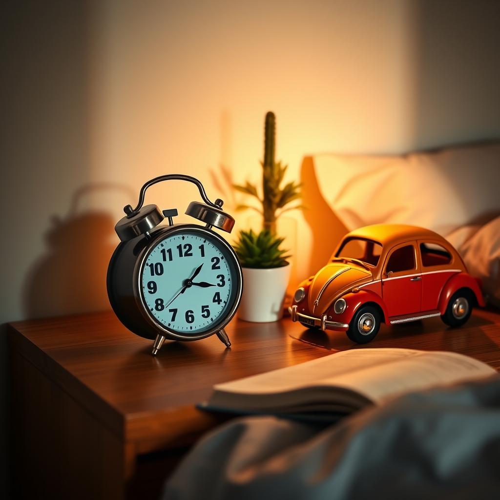 A cozy bedroom scene featuring a classic alarm clock placed on a wooden nightstand (velador), with a vintage Volkswagen toy car nearby