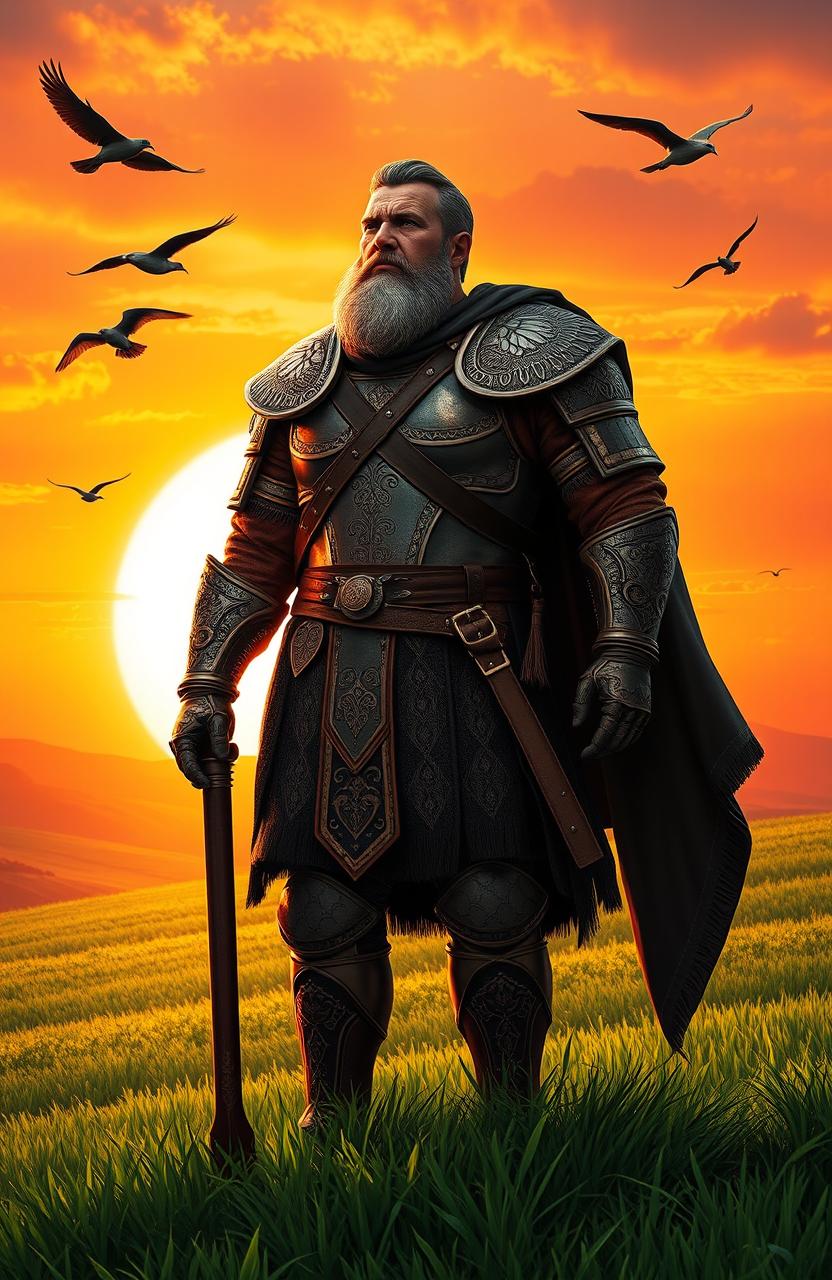 A heroic figure, representing a strong father figure, standing confidently on a hilltop against a sunset backdrop