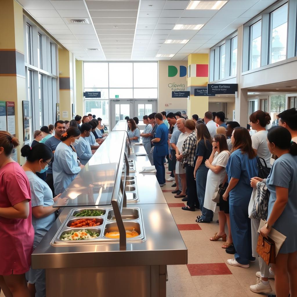 An interior view of a bustling hospital cafeteria with a diverse group of people standing in line to get their meals