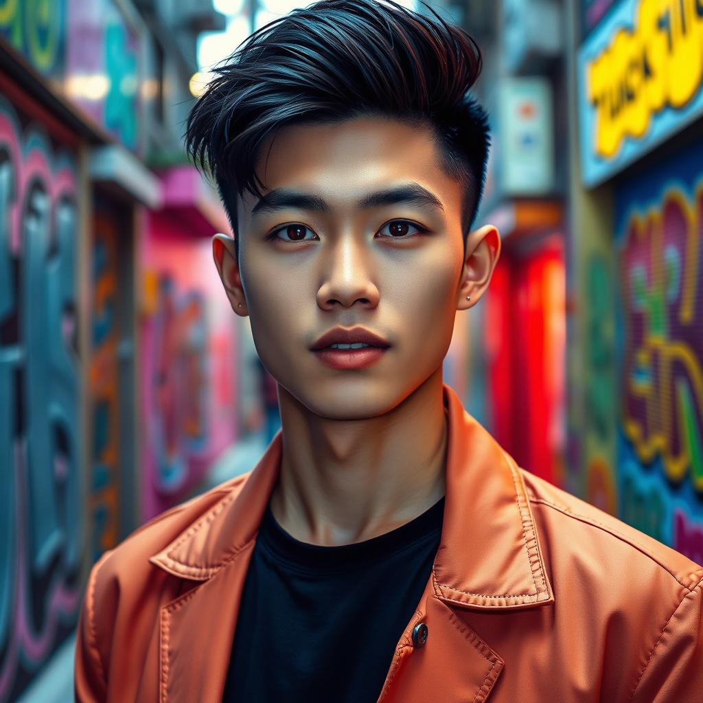 A stunning portrait of Zyaire Chan Ho Hin, a charismatic young man with sharp features and an elegant hairstyle