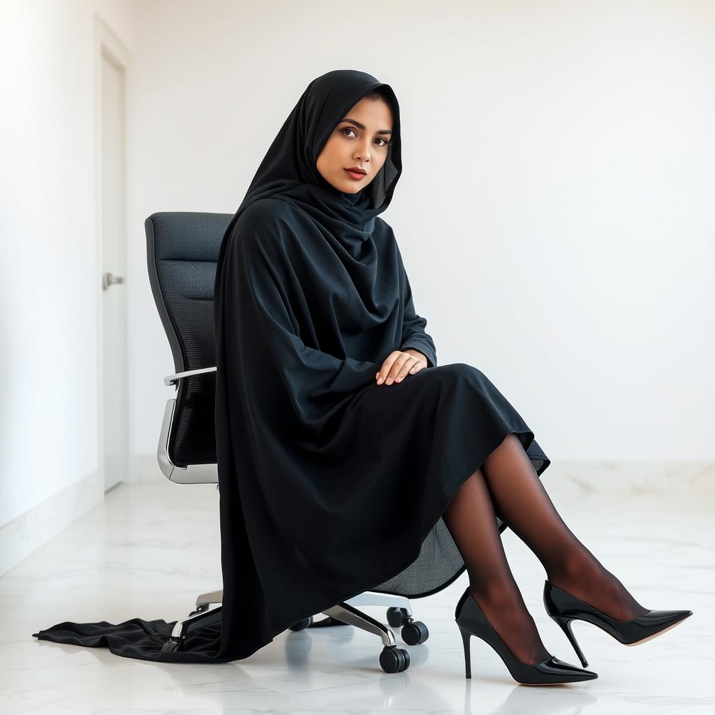 A woman secretary wearing a traditional black chador that covers her head and body, complemented by black glassy tights and stylish black high heels