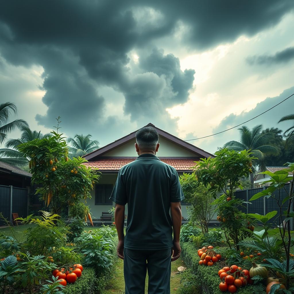 A striking wallpaper featuring a house in Jakarta, with one of the occupants standing outside, displaying a scared expression as he looks anxiously towards his home