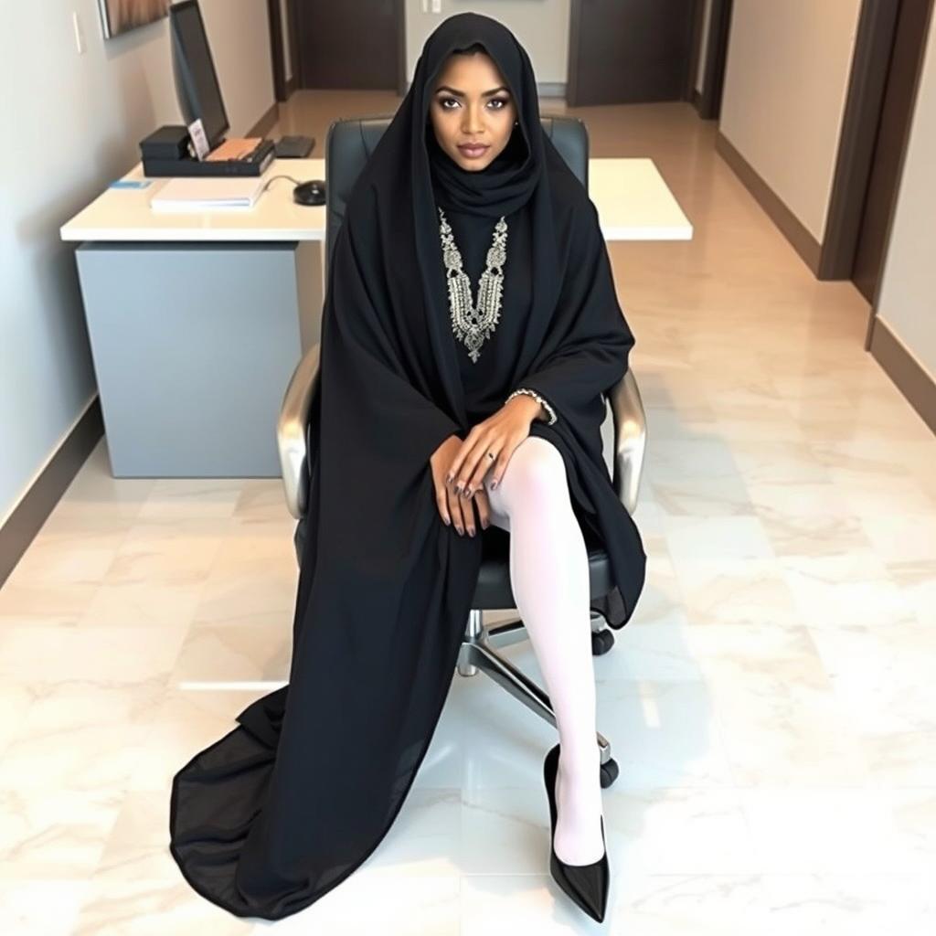 A single woman wearing a traditional Arabic black chadori that covers her head and body, complemented by white glassy tights and black high heels