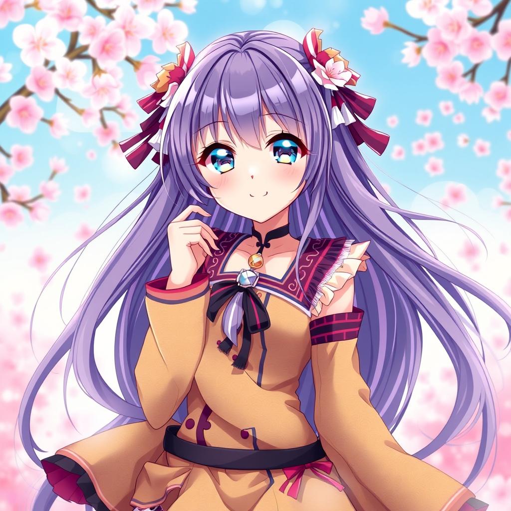 A beautiful anime-style waifu character with long, flowing hair, dressed in a stylish and vibrant outfit featuring intricate patterns