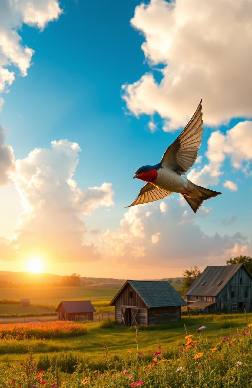 A cheerful barn swallow soaring through a vibrant blue sky, surrounded by fluffy white clouds