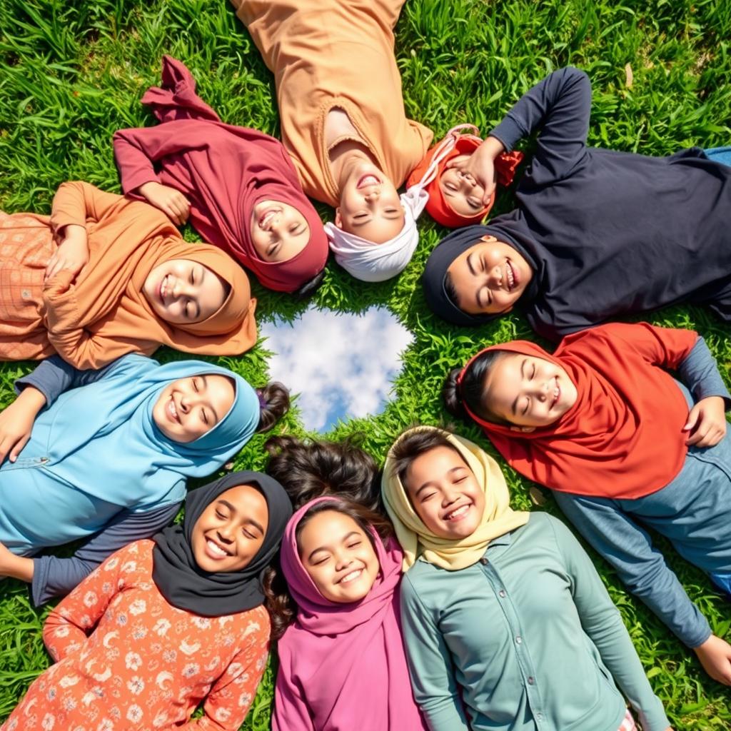 A diverse group of several girls wearing colorful hijabs and several boys of different cultural backgrounds, all lying on their backs on lush green grass, peacefully sleeping and gazing at a bright blue sky