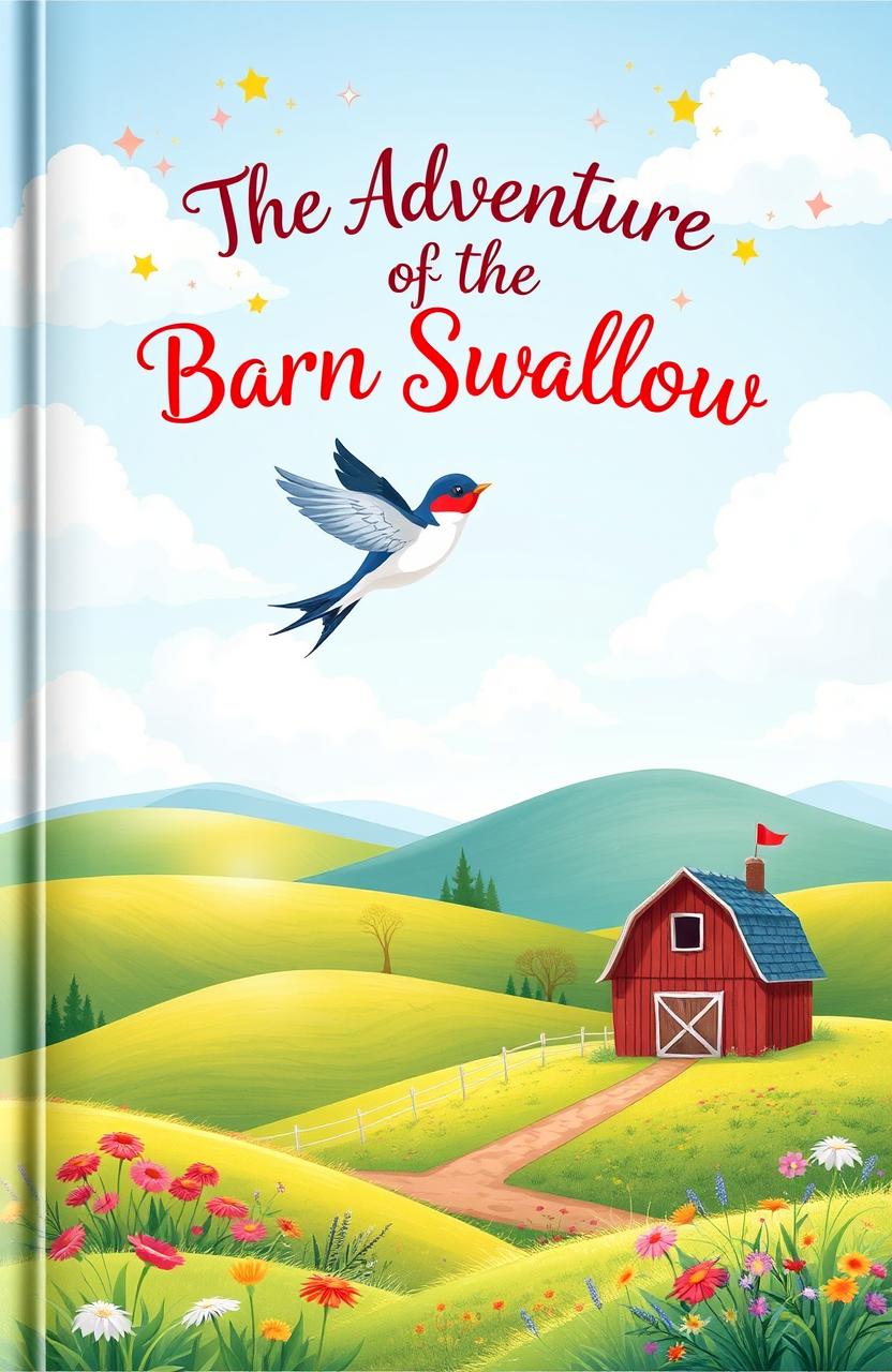 A beautiful and enchanting book cover for a children's fantasy story titled 'The Adventure of the Barn Swallow'