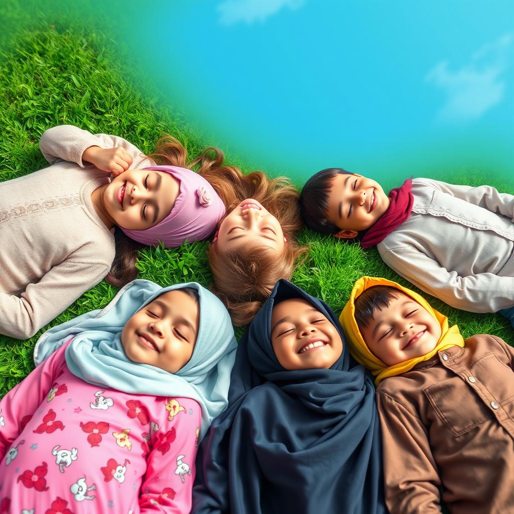A serene and joyful scene featuring several young girls in colorful hijabs and boys from various cultures lying on their backs on a lush green lawn, peacefully sleeping and gazing up at a bright blue sky