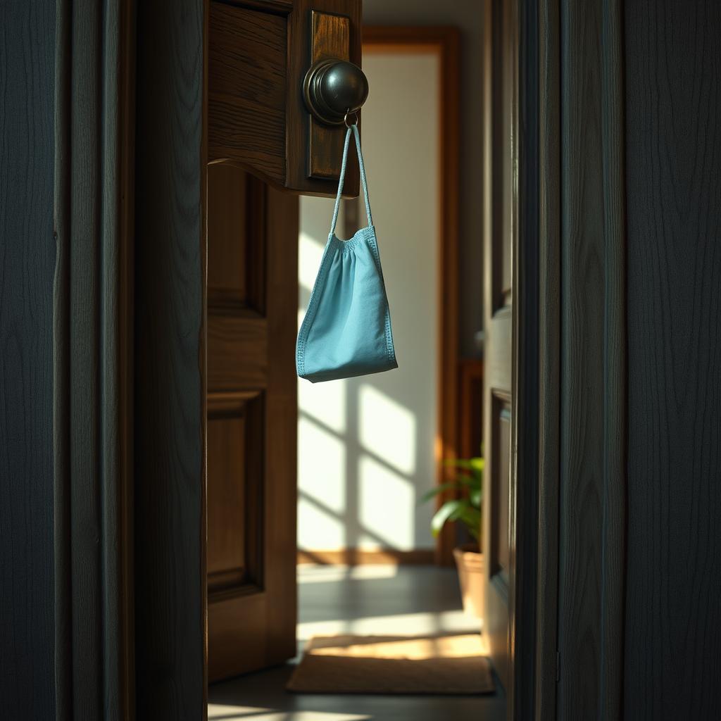 A detailed view of an ajar door, revealing a glimpse into a softly lit room
