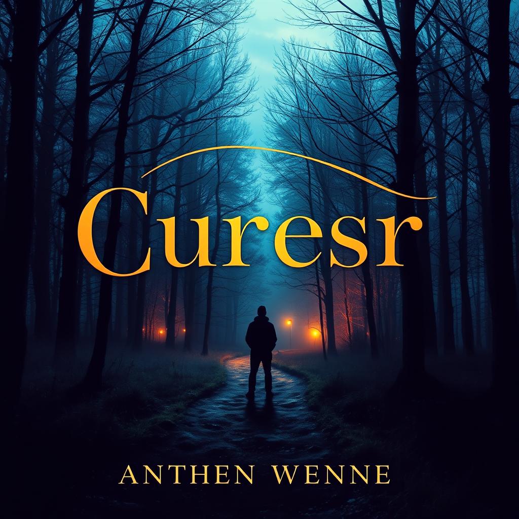 A captivating and artistic novel cover featuring a mysterious forest scene at twilight, with soft glowing lights peeking through the trees