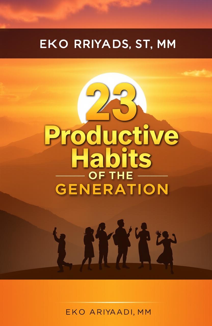 A visually compelling book cover design for a self-help book titled "23 Productive Habits of the Golden Generation" by Eko Ariyadi, ST