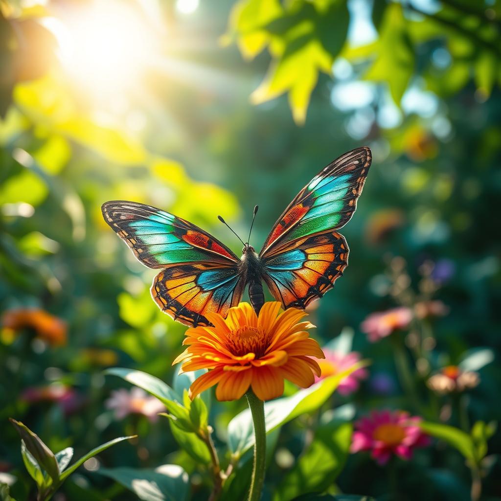 A stunning, realistic photograph of a vibrant butterfly perched delicately on a colorful flower in a lush natural setting, showcasing the beauty of nature and the importance of conservation