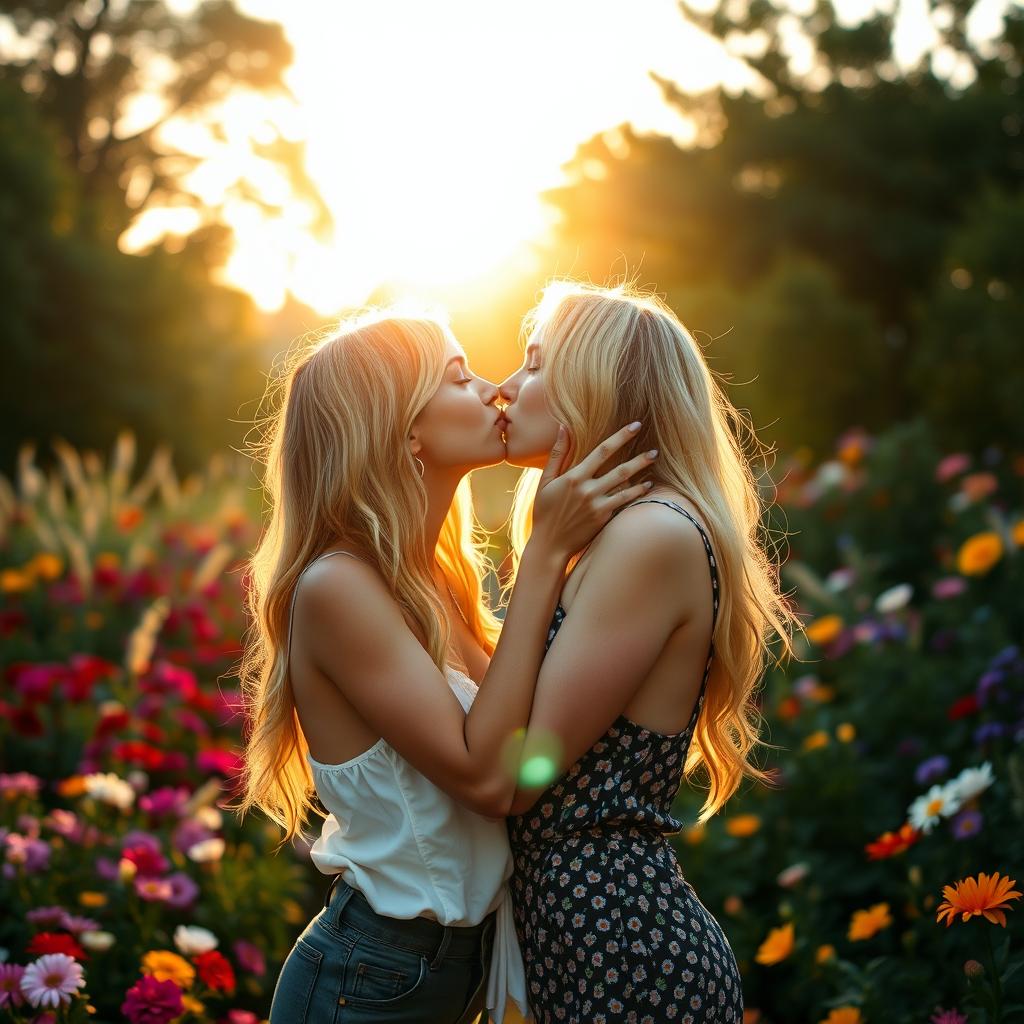 A romantic scene featuring two beautiful blonde women passionately kissing under a sunset, soft lighting illuminating their faces