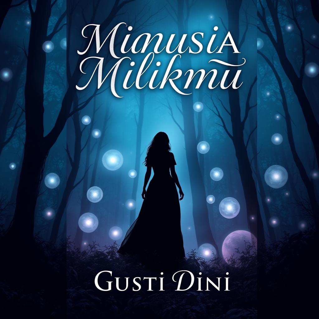 A captivating novel cover design for 'Manusia Milikmu' by Gusti Dini, featuring an enigmatic silhouette of a woman standing in a mystical forest, surrounded by ethereal glowing orbs