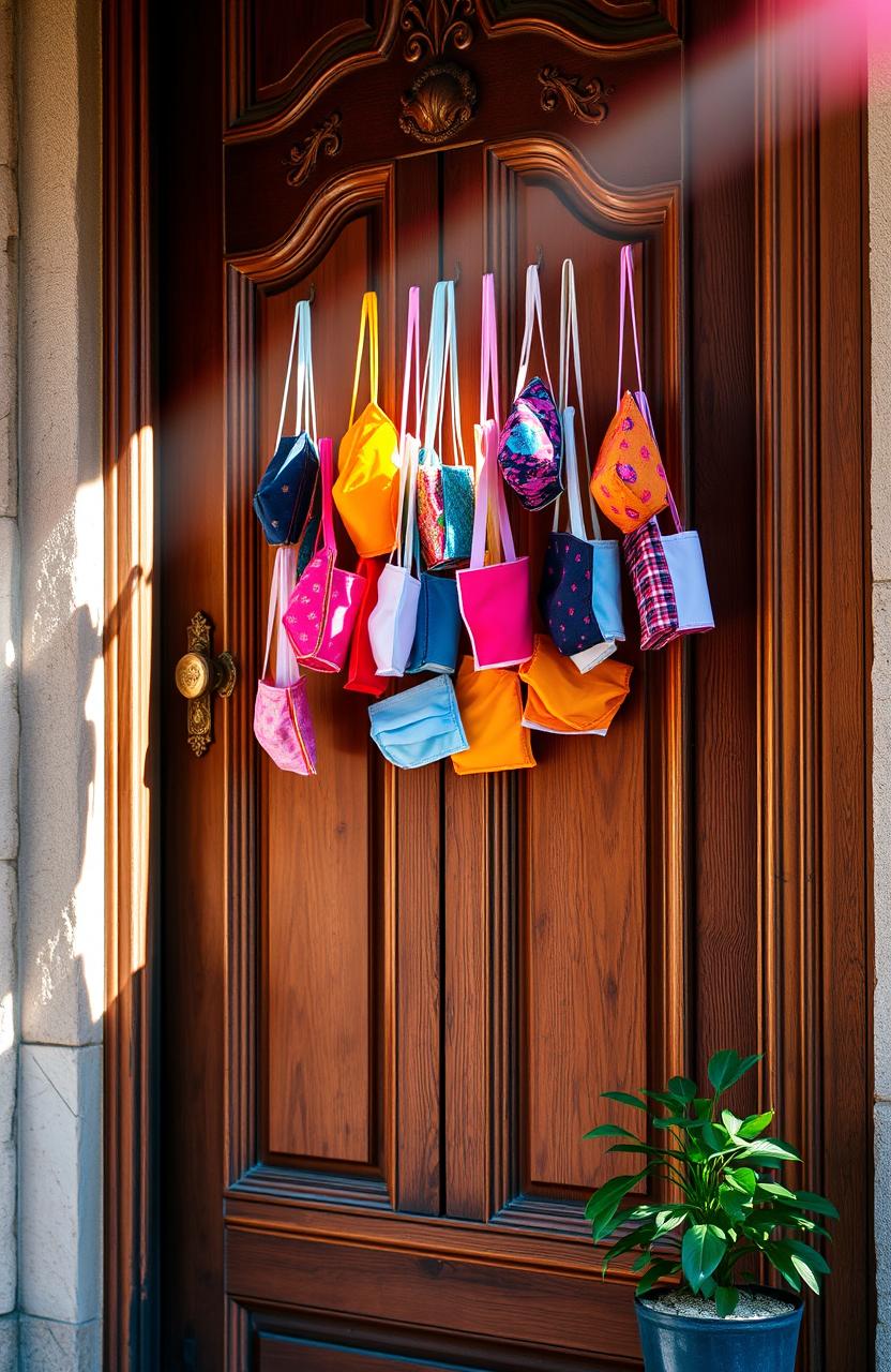 A stylized image of a door adorned with colorful COVID-19 masks hanging from the doorknob, symbolizing the impact of the pandemic on daily life