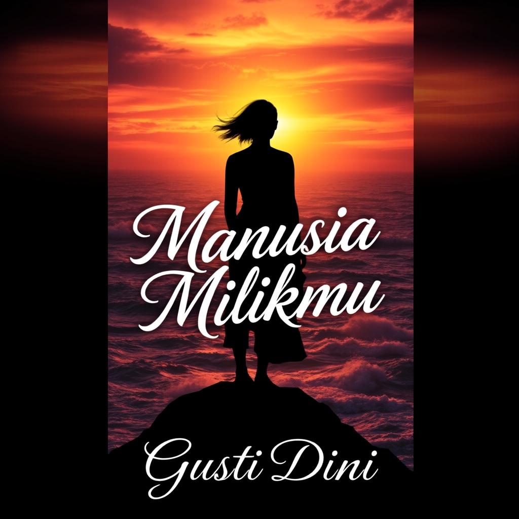 A striking novel cover design for 'Manusia Milikmu' by Gusti Dini, showcasing a powerful silhouette of a woman standing on a cliff overlooking a vast, turbulent ocean at sunset