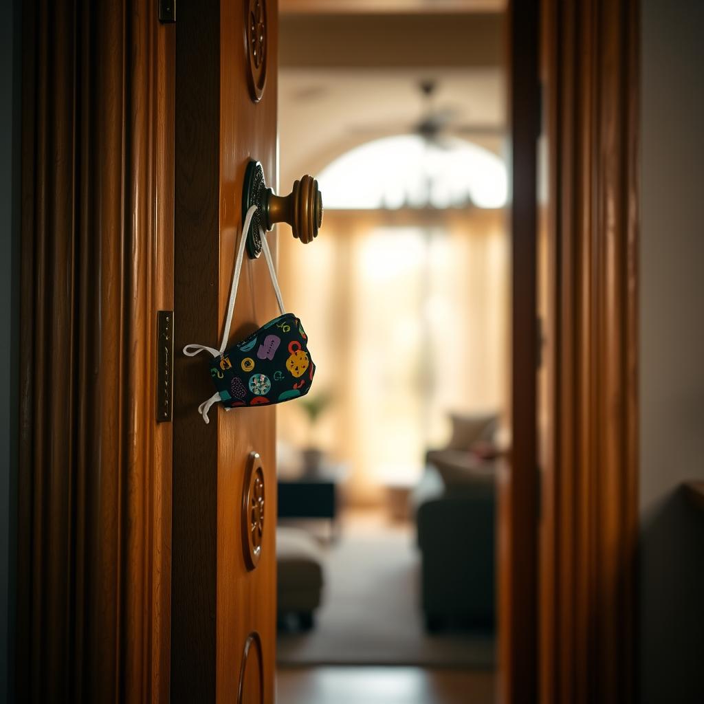 A partially open door revealing a glimpse of a cozy interior, with a colorful COVID-19 mask hanging on the doorknob