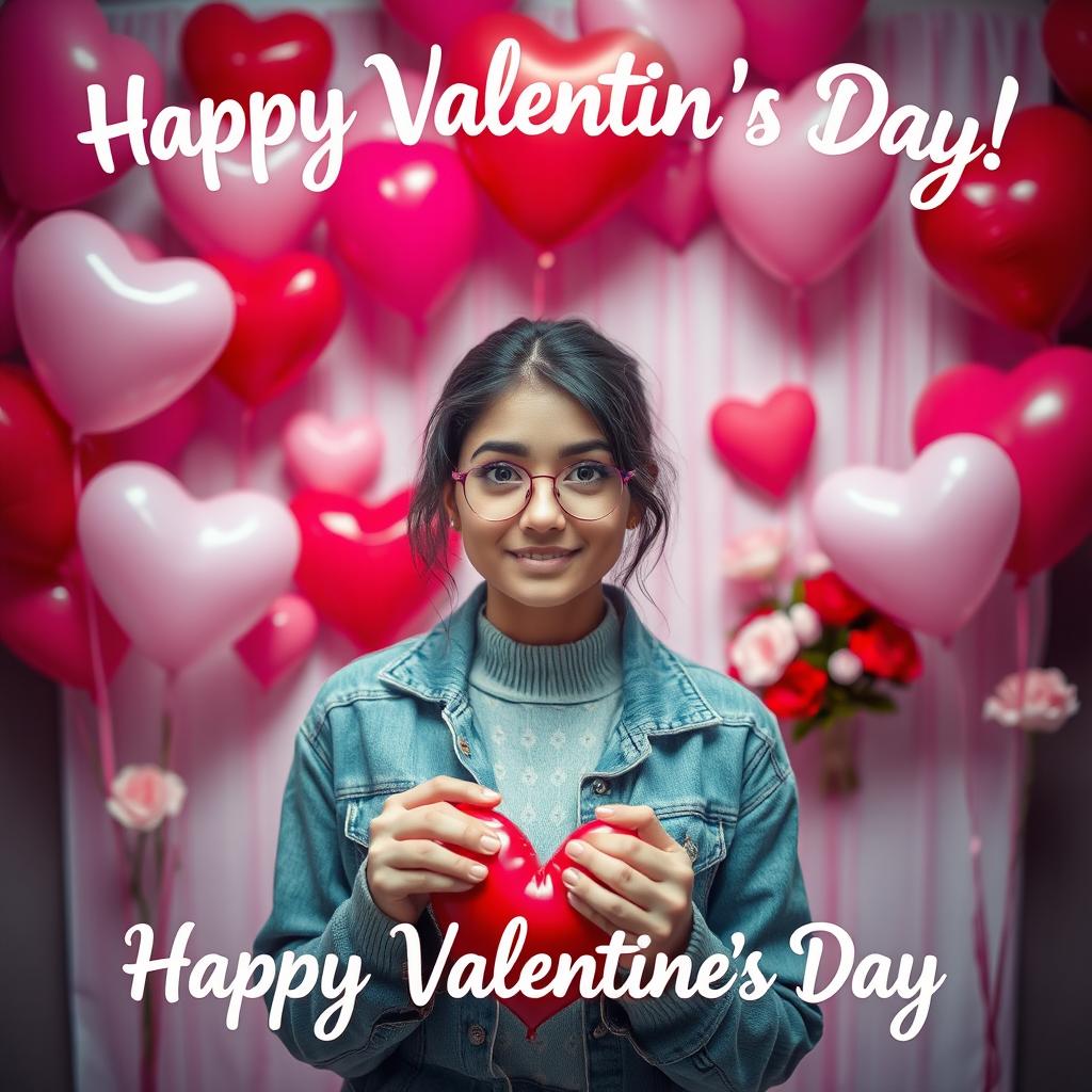 An attractive and vibrant image celebrating Valentine's Day, featuring a person in the central focus, gazing directly at the viewer with an inquisitive expression