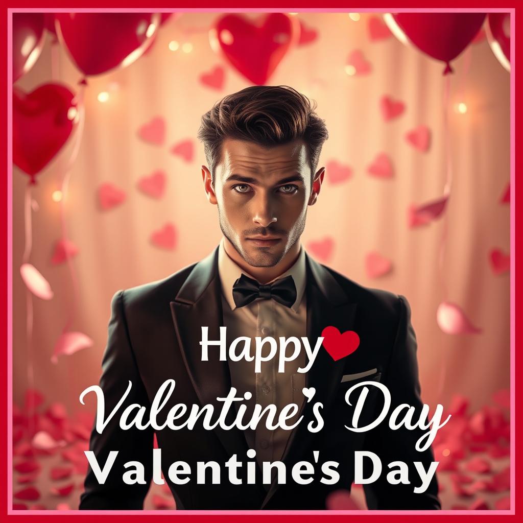 An attractive image for Valentine's Day featuring a charismatic person in the center, gazing directly at the viewer with an inquisitive expression
