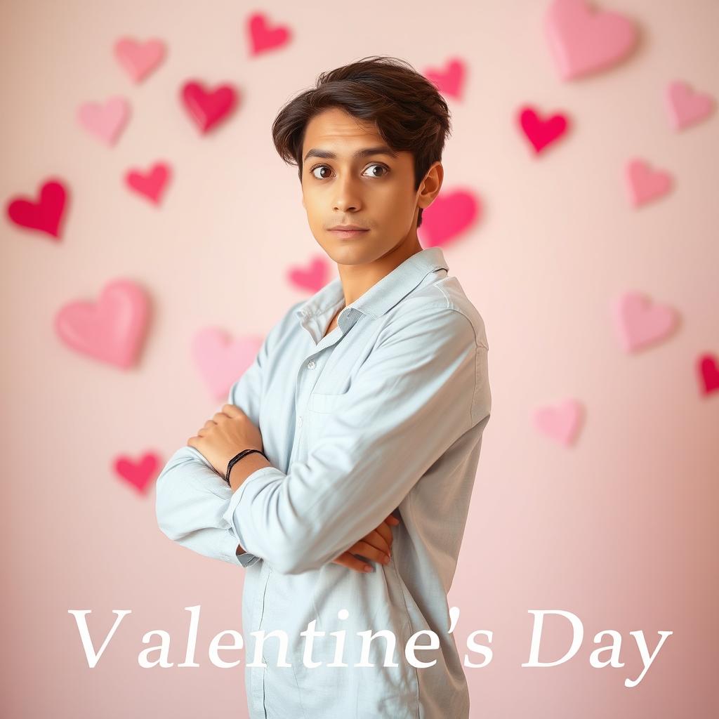 An attractive image symbolizing Valentine's Day, featuring a person in the central plane with a curious expression, standing sideways with arms crossed over their chest