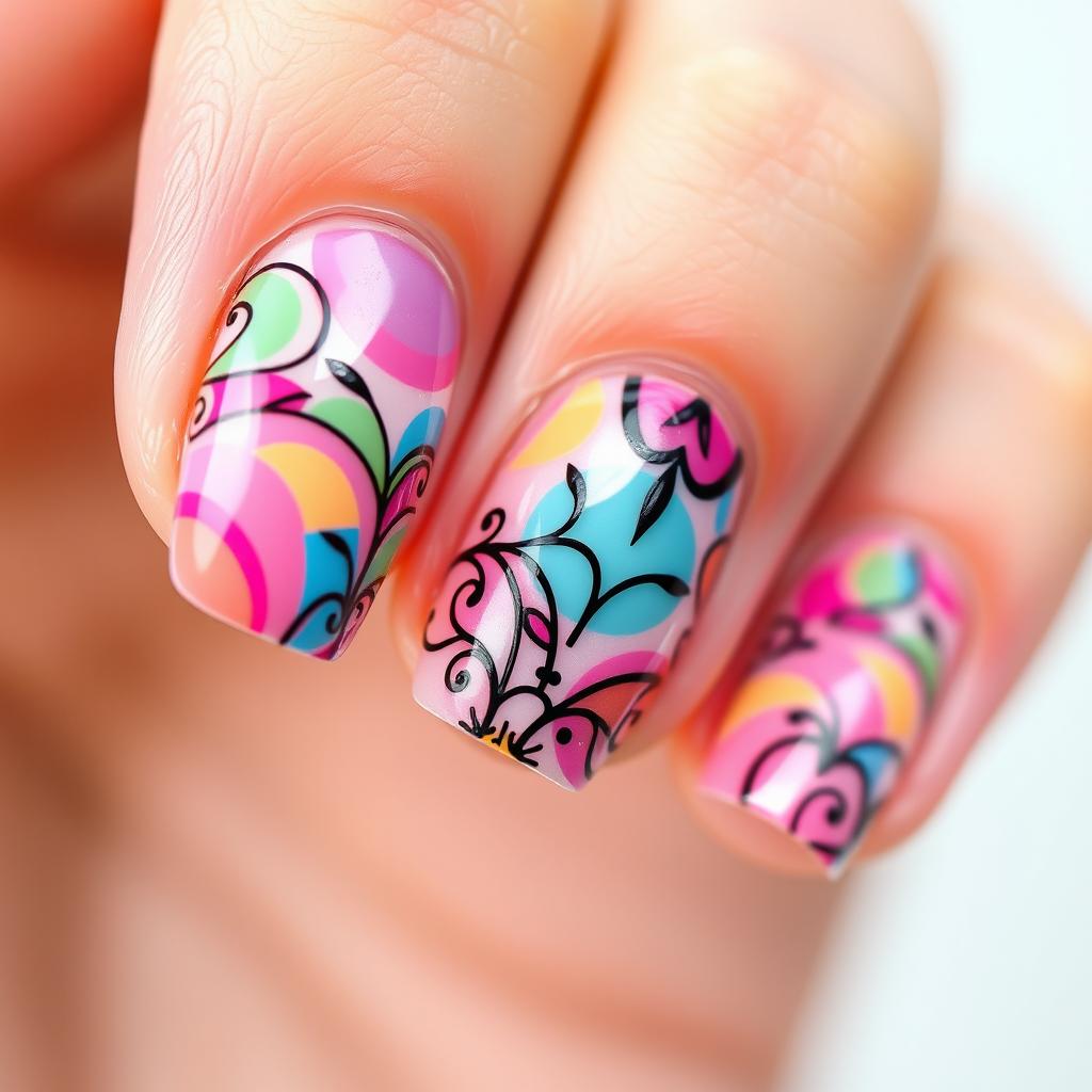 A close-up design of nail art featuring a mixture of vibrant and pastel colors, incorporating intricate patterns and shapes