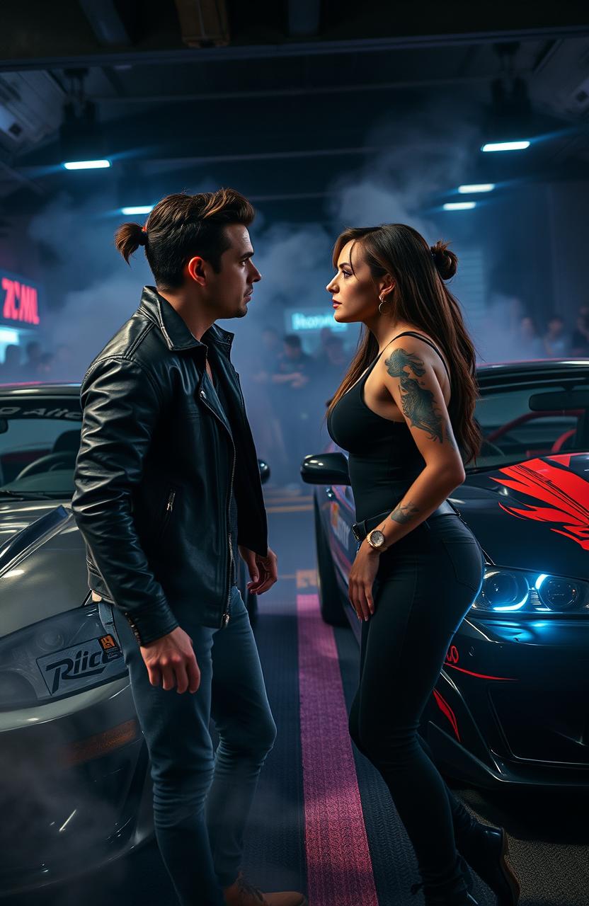A dark romance scene set in an underground car racing environment, featuring two intense competitors locked in a passionate gaze amidst a backdrop of sleek, customized cars