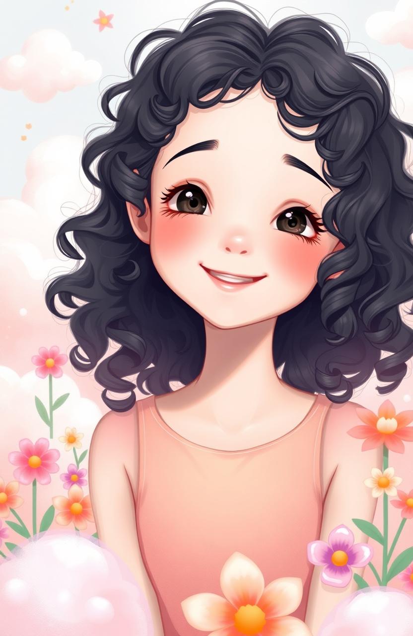 A girl with curly black hair and fair skin, exuding a whimsical and optimistic vibe